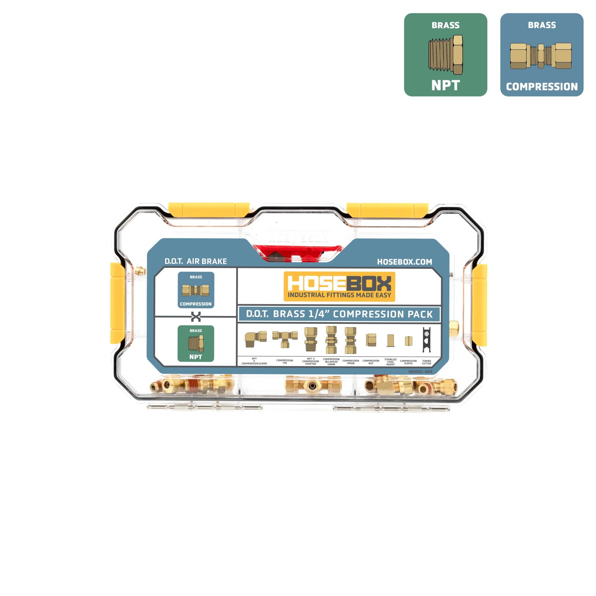 HoseBox, 1/4in.BRASS COMP.KIT-43 D.O.T.Brass Fittings, Fitting Size Other in, Model# HB3001-004